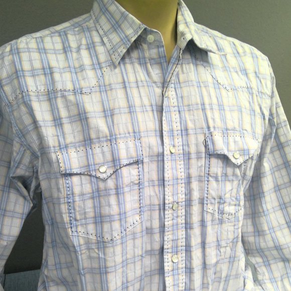 Classic Western Pearl Snap Shirt Long Sleeve Blue Plaid Men's XL - Picture 2 of 8